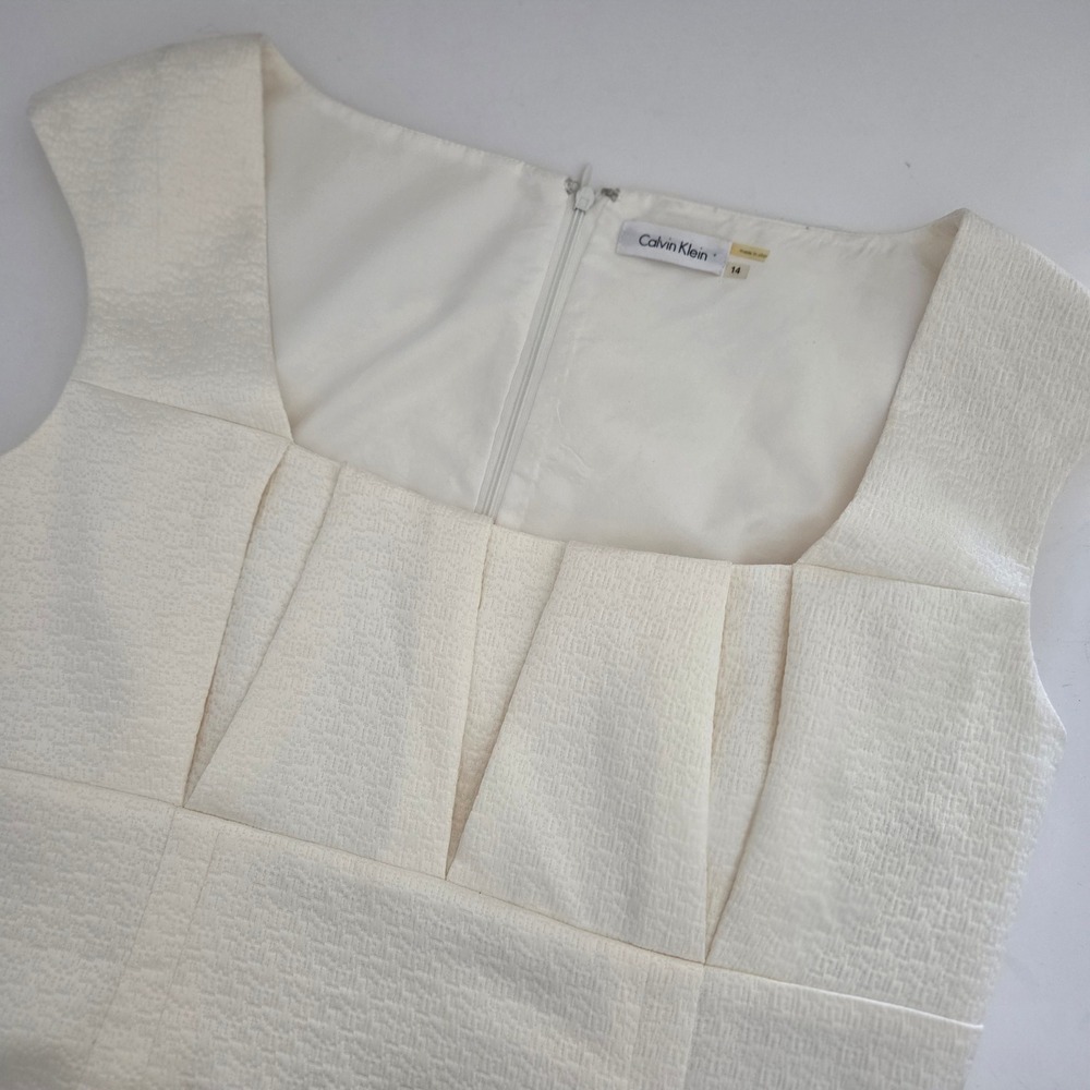 NEW Calvin Klein Sheath Dress Ivory Pleated Square Neck Women 14